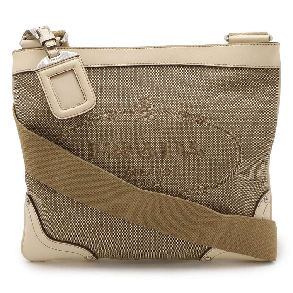 Prada Shoulder Bag Pochette Canvas Leather Beige Brown Cream Ivory White